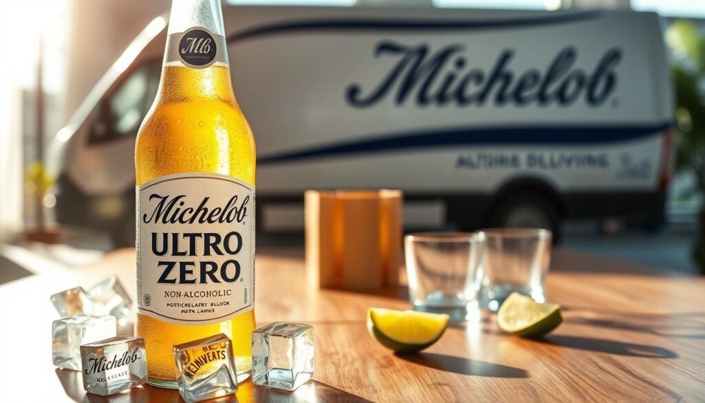 A beautifully arranged scene featuring a chilled bottle of Michelob Ultra Zero in the foreground, glistening with condensation. The label is prominently displayed, emphasizing its non-alcoholic nature. Surrounding the bottle are decorative ice cubes and a few slices of fresh lime, enhancing its refreshing appeal. In the middle ground, a sleek wooden table is shown, with a few elegant glasses set beside the bottle, hinting at a casual gathering. The background features a soft-focus delivery van with the Michelob logo, conveying a sense of logistics and shipping. The atmosphere is light and inviting, with natural sunlight streaming in, creating a warm glow that highlights the product's clean lines. The shot is taken from a low angle, emphasizing the bottle's stature. A beautifully arranged scene featuring a chilled bottle of Michelob Ultra Zero in the foreground, glistening with condensation. The label is prominently displayed, emphasizing its non-alcoholic nature. Surrounding the bottle are decorative ice cubes and a few slices of fresh lime, enhancing its refreshing appeal. In the middle ground, a sleek wooden table is shown, with a few elegant glasses set beside the bottle, hinting at a casual gathering. The background features a soft-focus delivery van with the Michelob logo, conveying a sense of logistics and shipping. The atmosphere is light and inviting, with natural sunlight streaming in, creating a warm glow that highlights the product's clean lines. The shot is taken from a low angle, emphasizing the bottle's stature.