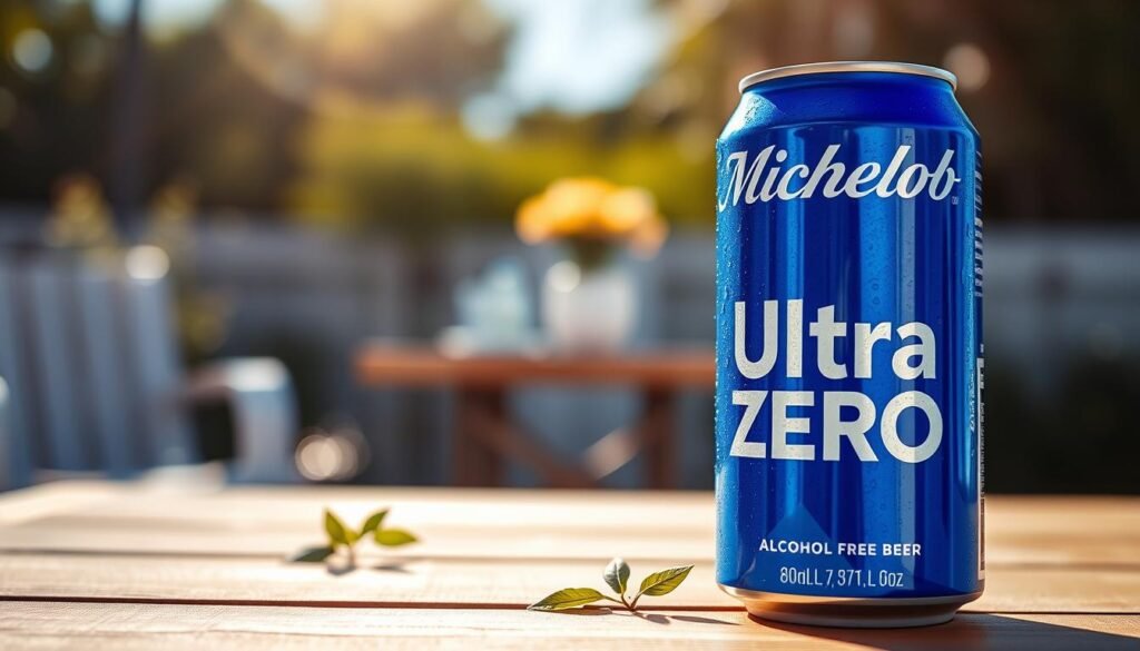 A beautifully composed image of a Michelob Ultra Zero beer can, prominently displayed in the foreground. The can, designed with a sleek, modern look, glistens with condensation droplets, emphasizing its refreshing appeal. In the middle ground, a simple wooden table contrasts the vibrant blue of the can, adorned with small green leaves, suggesting a connection to nature and health. In the background, a soft-focus outdoor setting bathed in warm sunlight creates an inviting atmosphere, with hints of blurred greenery and a clear blue sky. The lighting is natural and bright, casting gentle reflections on the can, evoking a sense of vitality and refreshment, perfect for an alcohol-free beer.