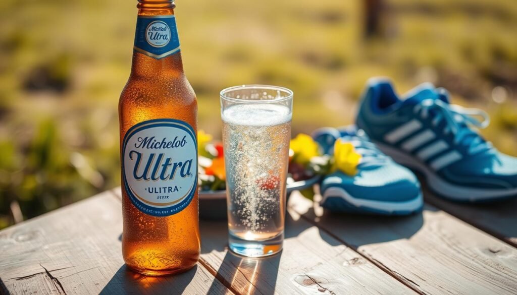 A chilled Michelob Ultra beer bottle, dew glistening on the glass, is set in the foreground on a rustic wooden table. The bottle is positioned upright, with the iconic blue and white label clearly visible. In the middle of the scene, a refreshing half-filled glass of Michelob Ultra sits beside the bottle, capturing the sunlight and casting a subtle shadow on the table. Surrounding the glass, there is a light, vibrant salad, symbolizing healthy eating, and a pair of sporty running shoes. In the softly blurred background, hints of green grass and a bright blue sky suggest an active lifestyle. The mood is lively and refreshing, with warm, inviting lighting emphasizing the allure of enjoying a light beer outdoors after exercise. Shot with a shallow depth of field to capture both the bottle and glass in sharp focus. A chilled Michelob Ultra beer bottle, dew glistening on the glass, is set in the foreground on a rustic wooden table. The bottle is positioned upright, with the iconic blue and white label clearly visible. In the middle of the scene, a refreshing half-filled glass of Michelob Ultra sits beside the bottle, capturing the sunlight and casting a subtle shadow on the table. Surrounding the glass, there is a light, vibrant salad, symbolizing healthy eating, and a pair of sporty running shoes. In the softly blurred background, hints of green grass and a bright blue sky suggest an active lifestyle. The mood is lively and refreshing, with warm, inviting lighting emphasizing the allure of enjoying a light beer outdoors after exercise. Shot with a shallow depth of field to capture both the bottle and glass in sharp focus.