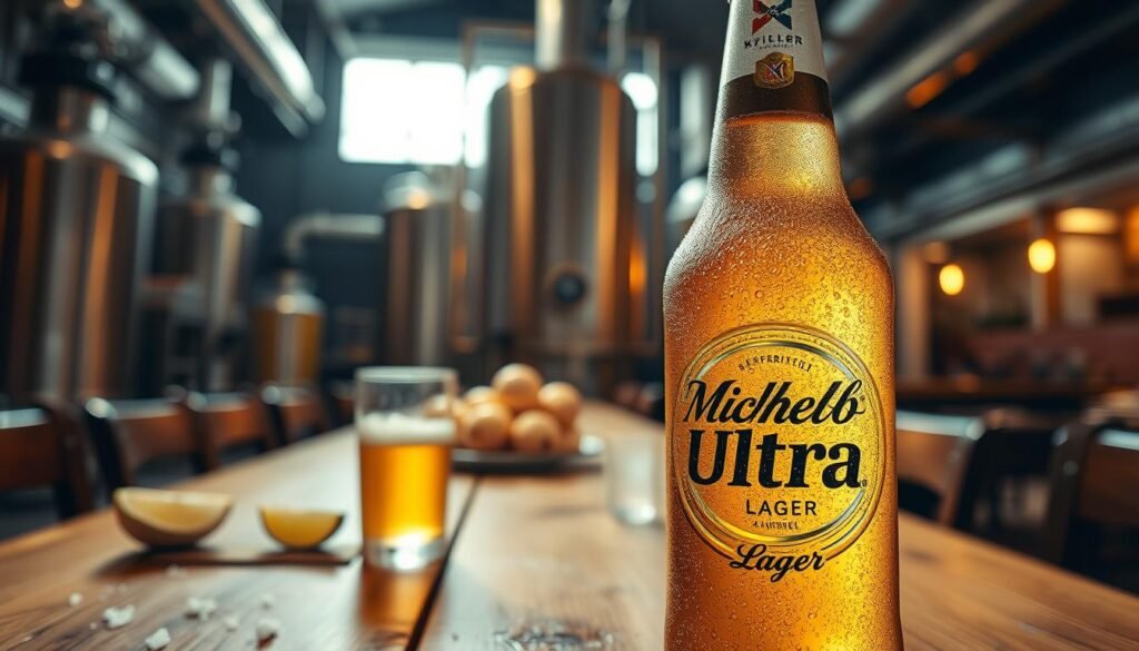 A chilled bottle of Michelob Ultra lager prominently displayed in the foreground, showcasing its sleek design and light golden color. Beads of condensation cover the glass, emphasizing its refreshing quality. In the middle ground, an elegantly set wooden table with a rustic feel complements the beer, while an assortment of fresh ingredients, like lime wedges and salt, hint at flavor. The background features a soft, blurred brewery interior with warm, ambient lighting reminiscent of a cozy pub atmosphere. The overall mood is inviting and casual, perfect for a relaxed gathering, illuminated by soft, natural light to enhance the lager’s effervescence. Aim for a focus that captures the essence of light, refreshing drinking experience. A chilled bottle of Michelob Ultra lager prominently displayed in the foreground, showcasing its sleek design and light golden color. Beads of condensation cover the glass, emphasizing its refreshing quality. In the middle ground, an elegantly set wooden table with a rustic feel complements the beer, while an assortment of fresh ingredients, like lime wedges and salt, hint at flavor. The background features a soft, blurred brewery interior with warm, ambient lighting reminiscent of a cozy pub atmosphere. The overall mood is inviting and casual, perfect for a relaxed gathering, illuminated by soft, natural light to enhance the lager’s effervescence. Aim for a focus that captures the essence of light, refreshing drinking experience.