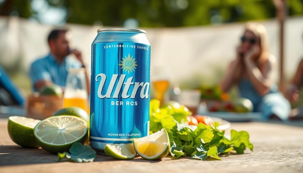 A close-up image of a chilled Michelob Ultra beer can placed on a wooden table, surrounded by fresh ingredients that reflect a healthy lifestyle, such as slices of lime, and a few pieces of vibrant green lettuce. In the background, soft-focused scenes of an outdoor picnic with people enjoying a healthy meal can be seen, creating a sunny, inviting atmosphere. The lighting is bright and natural, evoking a feeling of freshness and vitality, as if it were a perfect day for outdoor relaxation. The camera angle is slightly tilted down towards the can, emphasizing the vibrant blue and silver can design, while ensuring an overall professional look without any text or distractions. A close-up image of a chilled Michelob Ultra beer can placed on a wooden table, surrounded by fresh ingredients that reflect a healthy lifestyle, such as slices of lime, and a few pieces of vibrant green lettuce. In the background, soft-focused scenes of an outdoor picnic with people enjoying a healthy meal can be seen, creating a sunny, inviting atmosphere. The lighting is bright and natural, evoking a feeling of freshness and vitality, as if it were a perfect day for outdoor relaxation. The camera angle is slightly tilted down towards the can, emphasizing the vibrant blue and silver can design, while ensuring an overall professional look without any text or distractions.