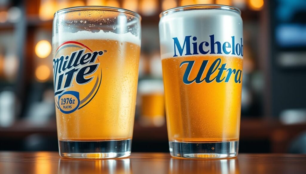 A close-up shot of two chilled glasses of light beer side by side on a polished wooden table, showcasing Miller Lite on the left with its iconic blue and white label, and Michelob Ultra on the right with its sleek silver and blue branding. The foreground features condensation beads glistening on the glasses, emphasizing their refreshing quality. In the middle ground, soft-focus, light golden liquid swirls gently inside each glass, reflecting natural light. The background offers a slightly blurred bar setting, hinting at a convivial atmosphere with warm, ambient lighting casting a cozy glow. This composition conveys a friendly yet competitive mood, highlighting the unique brand identities of both beers.