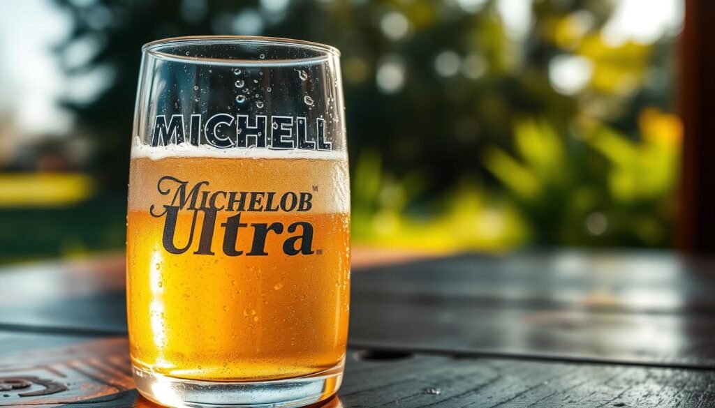 A close-up view of a frosty glass of Michelob Ultra beer, highlighting the dew on the glass and the golden color of the beverage. The glass is placed on a rustic wooden table, capturing warm, ambient lighting that enhances the inviting atmosphere. In the background, soft-focus elements of outdoor settings, such as green grass and blurred trees, suggest a sunny day, evoking a sense of leisure and enjoyment. The lens captures a shallow depth of field, ensuring the beer remains the focal point while the background adds context without distraction. The scene conveys a relaxed and refreshing mood, ideal for understanding the appeal and alcohol content of Michelob Ultra.