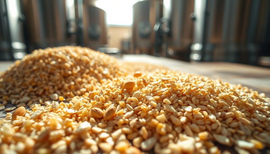 A close-up view of light lager grains, showcasing a variety of grain types such as pale malt and adjunct grains like corn and rice, laid out on a rustic wooden surface. The foreground highlights the golden hues of the grains, glistening under soft, natural sunlight that creates a warm atmosphere. In the middle, there are scattered barley kernels and a few hops, adding depth to the composition. The background features a blurred out brewing setup, hinting at the brewing process without detracting from the main subject. Use a shallow depth of field to focus on the textures and colors of the grains. Aim for a serene and inviting mood, perfect for a culinary exploration of light lagers.