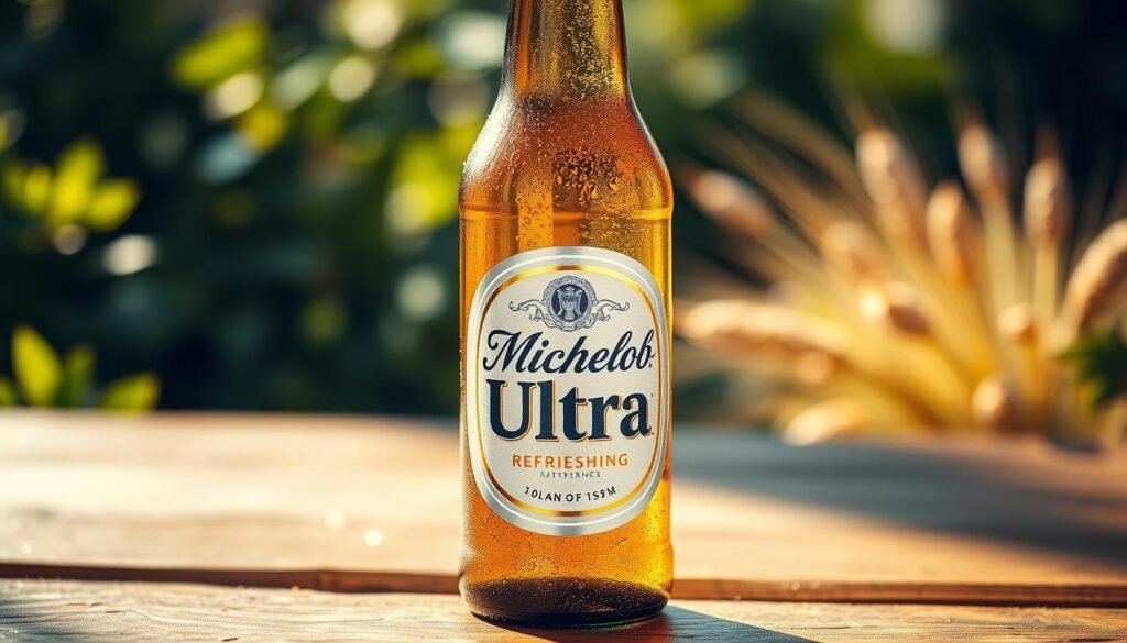 A cold bottle of Michelob Ultra rests on a rustic wooden table, glistening with condensation. The foreground showcases the label prominently, focusing on its sleek design and refreshing appearance. In the background, soft-focus greens of hops and barley hint at the natural ingredients used in brewing the beer, fostering an organic feel. Warm, natural lighting filters from the side, casting gentle shadows that add depth to the scene. The angle is slightly elevated, creating a dynamic composition that invites the viewer to appreciate the beverage's clarity and golden color. The overall atmosphere is refreshing and inviting, evoking a sense of outdoor leisure and health consciousness. A cold bottle of Michelob Ultra rests on a rustic wooden table, glistening with condensation. The foreground showcases the label prominently, focusing on its sleek design and refreshing appearance. In the background, soft-focus greens of hops and barley hint at the natural ingredients used in brewing the beer, fostering an organic feel. Warm, natural lighting filters from the side, casting gentle shadows that add depth to the scene. The angle is slightly elevated, creating a dynamic composition that invites the viewer to appreciate the beverage's clarity and golden color. The overall atmosphere is refreshing and inviting, evoking a sense of outdoor leisure and health consciousness.