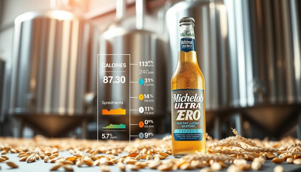 A detailed and visually engaging illustration of Michelob Ultra Zero's nutritional profile. In the foreground, display a clean and modern infographic highlighting key nutritional information, such as calories, carbohydrates, and protein, represented with vibrant icons. In the middle ground, include an elegantly designed bottle of Michelob Ultra Zero, showcasing its sleek label and transparent glass reflecting light. The background should feature a softly blurred brewery setting with stainless steel tanks and barley, creating an inviting atmosphere. Use natural lighting to emphasize freshness and clarity, with a slight depth of field to draw attention to the bottle and infographic. Aim for a crisp, professional aesthetic that conveys health and wellness in the brewing process.