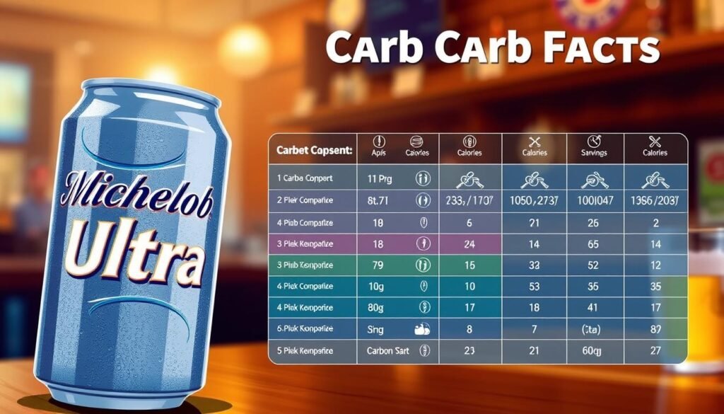 A detailed infographic-style illustration showcasing "Michelob Ultra Carb Facts." In the foreground, prominently feature a sleek, chilled Michelob Ultra beer can with condensation glistening on its surface, angled slightly to show the logo clearly. In the middle ground, display a visually engaging chart or list of carb facts, using vibrant colors and clear icons, indicating key nutritional information like carbohydrate content, calories, and serving size in a clean, minimalist layout. The background should be a soft-focus bar scene with warm ambient lighting that creates a cozy atmosphere. Use a slightly elevated angle to give depth to the composition, ensuring all elements are harmoniously balanced, inviting readers to explore the information in a refreshing context. A detailed infographic-style illustration showcasing "Michelob Ultra Carb Facts." In the foreground, prominently feature a sleek, chilled Michelob Ultra beer can with condensation glistening on its surface, angled slightly to show the logo clearly. In the middle ground, display a visually engaging chart or list of carb facts, using vibrant colors and clear icons, indicating key nutritional information like carbohydrate content, calories, and serving size in a clean, minimalist layout. The background should be a soft-focus bar scene with warm ambient lighting that creates a cozy atmosphere. Use a slightly elevated angle to give depth to the composition, ensuring all elements are harmoniously balanced, inviting readers to explore the information in a refreshing context.
