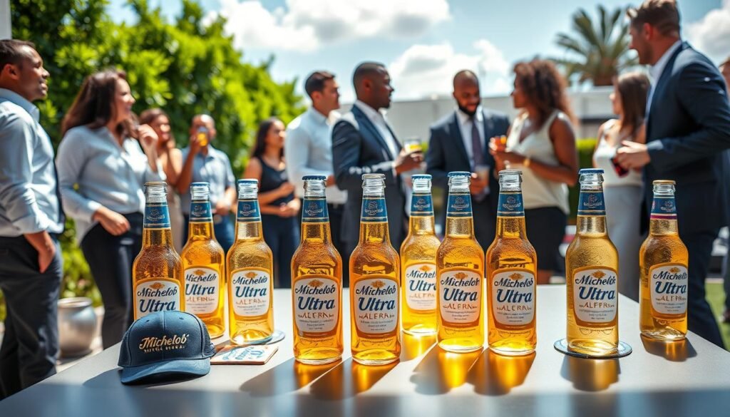 A dynamic marketing scene featuring a Michelob Ultra promotional event. In the foreground, a stylishly arranged display of Michelob Ultra bottles and branded merchandise, such as caps and coasters, on a sleek, modern table. The middle ground showcases a group of diverse professionals in smart casual attire engaging and conversing while enjoying the beer, radiating an atmosphere of camaraderie and celebration. In the background, a vibrant outdoor setting, with greenery and blue skies, enhances the mood of a fun summer day. Soft, natural lighting highlights the products and the social interaction, captured from a slightly elevated angle to provide a clear view of the scene. The overall mood conveys a sense of health-conscious enjoyment and cultural relevance, aligning with Michelob Ultra's branding as a light, refreshing beer. A dynamic marketing scene featuring a Michelob Ultra promotional event. In the foreground, a stylishly arranged display of Michelob Ultra bottles and branded merchandise, such as caps and coasters, on a sleek, modern table. The middle ground showcases a group of diverse professionals in smart casual attire engaging and conversing while enjoying the beer, radiating an atmosphere of camaraderie and celebration. In the background, a vibrant outdoor setting, with greenery and blue skies, enhances the mood of a fun summer day. Soft, natural lighting highlights the products and the social interaction, captured from a slightly elevated angle to provide a clear view of the scene. The overall mood conveys a sense of health-conscious enjoyment and cultural relevance, aligning with Michelob Ultra's branding as a light, refreshing beer.