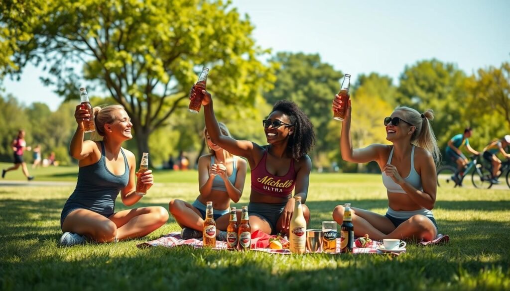A dynamic outdoor scene showcasing an active lifestyle reflecting the Michelob Ultra brand. In the foreground, a diverse group of four friends, dressed in stylish yet modest athletic wear, are enjoying a picnic on a sunlit grassy area, laughing and raising their bottles of Michelob Ultra. The middle ground features a picturesque park setting with joggers and cyclists in motion, emphasizing health and fitness. In the background, lush green trees and a clear blue sky create a vibrant atmosphere. Capture the scene in warm, natural lighting, with a shallow depth of field to focus on the friends while softly blurring the park activity. The mood should be uplifting and energetic, celebrating a balanced and active lifestyle. A dynamic outdoor scene showcasing an active lifestyle reflecting the Michelob Ultra brand. In the foreground, a diverse group of four friends, dressed in stylish yet modest athletic wear, are enjoying a picnic on a sunlit grassy area, laughing and raising their bottles of Michelob Ultra. The middle ground features a picturesque park setting with joggers and cyclists in motion, emphasizing health and fitness. In the background, lush green trees and a clear blue sky create a vibrant atmosphere. Capture the scene in warm, natural lighting, with a shallow depth of field to focus on the friends while softly blurring the park activity. The mood should be uplifting and energetic, celebrating a balanced and active lifestyle.