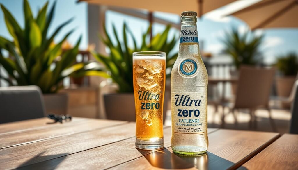 A refreshing bottle of Michelob Ultra Zero, elegantly placed on a sleek wooden table, glistening with condensation. The foreground features the bottle in sharp focus, showcasing its clear label and vibrant packaging. In the middle ground, a tall, frosty glass filled with sparkling, golden liquid sits next to the bottle, with bubbles rising to the surface, suggesting crispness. The background is softly blurred, depicting a sunny outdoor patio, adorned with green plants and a bright blue sky, creating an inviting atmosphere. The lighting is warm and natural, casting gentle shadows that enhance the refreshing vibes. The overall mood is one of leisure and enjoyment, perfect for savoring a cold drink on a sunny day. A refreshing bottle of Michelob Ultra Zero, elegantly placed on a sleek wooden table, glistening with condensation. The foreground features the bottle in sharp focus, showcasing its clear label and vibrant packaging. In the middle ground, a tall, frosty glass filled with sparkling, golden liquid sits next to the bottle, with bubbles rising to the surface, suggesting crispness. The background is softly blurred, depicting a sunny outdoor patio, adorned with green plants and a bright blue sky, creating an inviting atmosphere. The lighting is warm and natural, casting gentle shadows that enhance the refreshing vibes. The overall mood is one of leisure and enjoyment, perfect for savoring a cold drink on a sunny day.