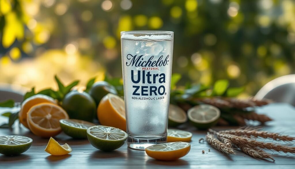 A serene table setting featuring a clear glass of Michelob Ultra Zero, with condensation glistening on its surface. The foreground includes fresh citrus fruits like lemons and limes, sliced to reveal their juicy interiors, hinting at the subtle aroma of citrus. In the middle ground, soft-focus green hops and barley create a harmonious backdrop, emphasizing the natural ingredients of the non-alcoholic lager. The background features a blurred sunny outdoor scene, suggesting a warm and inviting atmosphere, with soft golden light filtering through leaves. The entire image has a calm, refreshing vibe, inviting the viewer to experience the sensory profile in a visually appealing way. A serene table setting featuring a clear glass of Michelob Ultra Zero, with condensation glistening on its surface. The foreground includes fresh citrus fruits like lemons and limes, sliced to reveal their juicy interiors, hinting at the subtle aroma of citrus. In the middle ground, soft-focus green hops and barley create a harmonious backdrop, emphasizing the natural ingredients of the non-alcoholic lager. The background features a blurred sunny outdoor scene, suggesting a warm and inviting atmosphere, with soft golden light filtering through leaves. The entire image has a calm, refreshing vibe, inviting the viewer to experience the sensory profile in a visually appealing way.