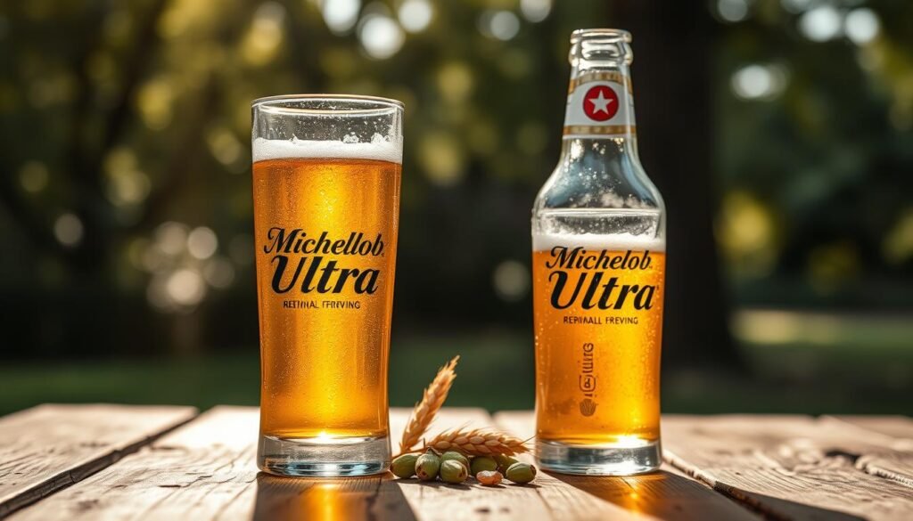A striking image of a Michelob Ultra beer bottle and glass on a rustic wooden table. In the foreground, the clear glass is filled with a golden lager, bubbles rising towards the top, while a half-full bottle of Michelob Ultra stands behind it, condensation glistening in the warm light. In the middle, showcase a few barley grains and hops to symbolize the brewing process. The background features a subtle natural setting, with blurred greenery and soft sunlight filtering through trees, creating a relaxed, summery atmosphere. The overall mood should evoke refreshing enjoyment and casual sophistication, perfect for a discussion on alcohol by volume, with soft, warm lighting that enhances the colors of the beer and surroundings. Use a shallow depth of field to keep the focus on the bottle and glass.