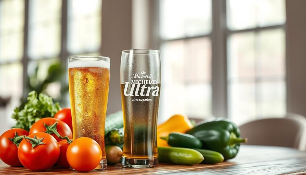 A stylish, modern arrangement showcasing a tall, chilled glass of Michelob Ultra Beer with condensation glistening on the surface, placed prominently in the foreground. Surrounding the glass, an assortment of fresh, colorful vegetables like ripe tomatoes, crisp cucumbers, and vibrant bell peppers, symbolizing a healthy lifestyle. In the middle ground, a blurred wooden table evokes a rustic yet contemporary feel, enhancing the nutritious theme. The background features soft, diffused natural lighting filtering through large windows, illuminating the scene and creating a warm, inviting atmosphere. The image conveys a sense of balance and wellness, capturing the essence of ultra superior nutrition associated with Michelob Ultra Beer, inviting healthy choices and enjoyment.