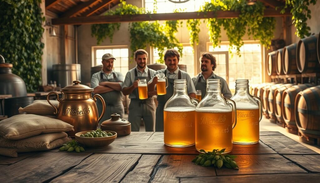 A vintage-style scene illustrating the origins of the Michelob beer brand. In the foreground, a rustic wooden brewing table is adorned with traditional brewing tools: a copper kettle, malt sacks, and fresh hops. In the middle, passionate brewers in modest casual clothing are engaged in the brewing process, showcasing a sense of teamwork and dedication. They are surrounded by large glass jugs filled with golden beer, emanating a slight condensation. In the background, a sunlit brewery with large windows reveals rows of aging barrels and green hops vines climbing the walls, bathed in warm, natural light. The atmosphere is nostalgic and inviting, evoking a sense of craftsmanship and heritage in brewing. The overall mood is warm and celebratory, reflecting the rich history of the Michelob brand.