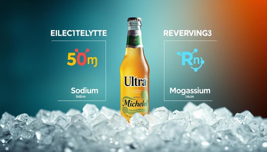 A visually appealing display of electrolytes per serving is prominently featured in the foreground, depicted through a sleek and modern infographic style. The image includes vibrant, colorful representations of essential micronutrients such as sodium, potassium, and magnesium, with each element clearly labeled and showcasing their molecular structures. In the middle ground, a stylish bottle of Michelob Ultra sits elegantly, surrounded by ice, emphasizing its refreshing nature. The background features a soft gradient of blues and greens, evoking a sense of freshness and vitality. Warm, natural lighting creates a bright and inviting atmosphere, while a shallow depth of field brings focus to the electrolyte details. The angle is slightly elevated, providing an informative view that invites the viewer to explore the nutritional content. A visually appealing display of electrolytes per serving is prominently featured in the foreground, depicted through a sleek and modern infographic style. The image includes vibrant, colorful representations of essential micronutrients such as sodium, potassium, and magnesium, with each element clearly labeled and showcasing their molecular structures. In the middle ground, a stylish bottle of Michelob Ultra sits elegantly, surrounded by ice, emphasizing its refreshing nature. The background features a soft gradient of blues and greens, evoking a sense of freshness and vitality. Warm, natural lighting creates a bright and inviting atmosphere, while a shallow depth of field brings focus to the electrolyte details. The angle is slightly elevated, providing an informative view that invites the viewer to explore the nutritional content.