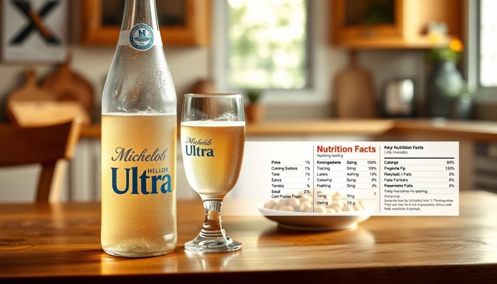 An artistic and informative depiction of Michelob Ultra beer and its nutritional contents. In the foreground, a tall, frosted Michelob Ultra bottle with condensation is showcased on a wooden table, emphasizing its refreshing nature. Next to the bottle, a clear glass filled with the pale, golden beer contrasts with a small plate of nuts symbolizing light snacks. In the middle ground, a neatly arranged layout featuring key ingredient labels and a nutritional facts chart subtly underlies the bottle and glass, making it informative yet visually appealing. The background is softly blurred, showing a cozy, well-lit kitchen setting with warm wooden tones, creating an inviting atmosphere. Soft, natural light filters in, highlighting the textures of the ingredients and the beer's refreshing clarity, conveying a sense of health and vitality. An artistic and informative depiction of Michelob Ultra beer and its nutritional contents. In the foreground, a tall, frosted Michelob Ultra bottle with condensation is showcased on a wooden table, emphasizing its refreshing nature. Next to the bottle, a clear glass filled with the pale, golden beer contrasts with a small plate of nuts symbolizing light snacks. In the middle ground, a neatly arranged layout featuring key ingredient labels and a nutritional facts chart subtly underlies the bottle and glass, making it informative yet visually appealing. The background is softly blurred, showing a cozy, well-lit kitchen setting with warm wooden tones, creating an inviting atmosphere. Soft, natural light filters in, highlighting the textures of the ingredients and the beer's refreshing clarity, conveying a sense of health and vitality.